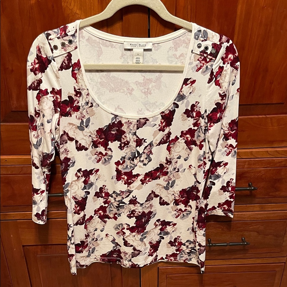 White House Black Market Burgundy Floral Blouse
